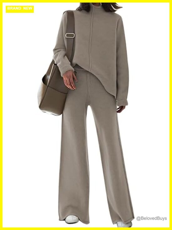 Pants - 2 Piece Sweater Set High Neck Top Wide Leg Pants Loungewear